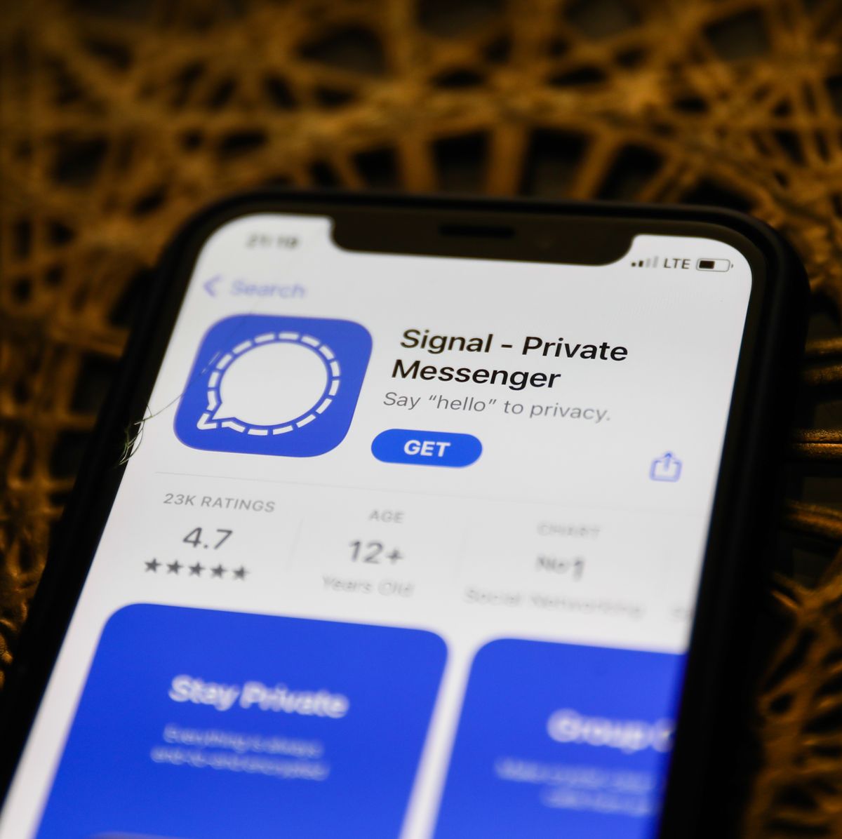 An image of a smartphone displaying the Signal app