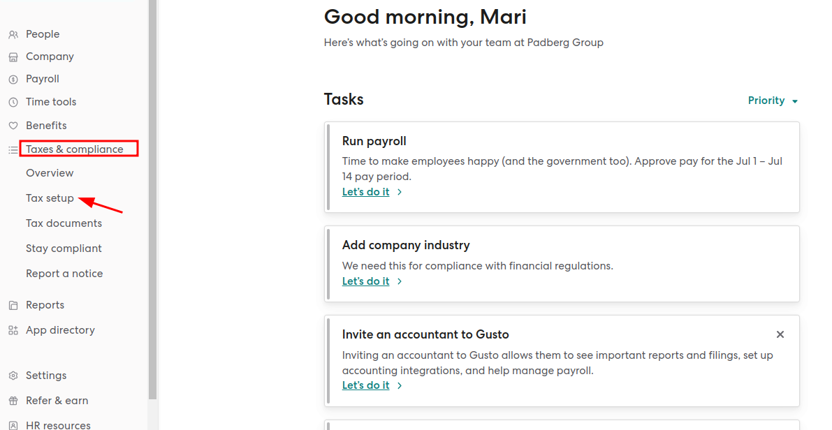 Tax Setup in gusto payroll