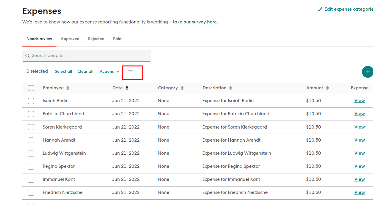 filter button to filter expenses