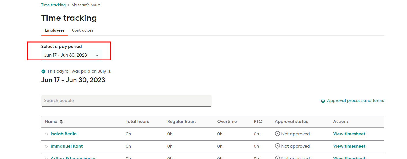 Select the pay period in gusto payroll