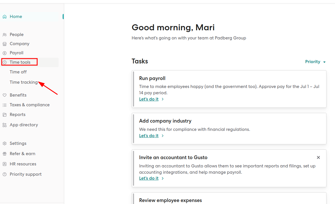 click time tracking in gusto payroll