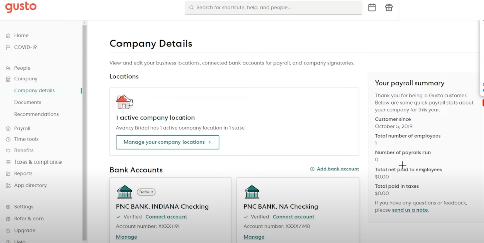 gusto payroll Dashboard Overview